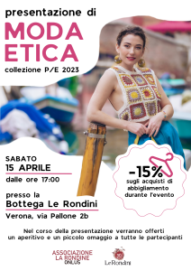 Locandina in formato A4 della presentazione della nuova collezione di moda etica primavera/estate 2023
